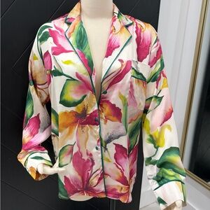 WinWin Floral Satin Button-Front Shirt - Pink, Green & Yellow